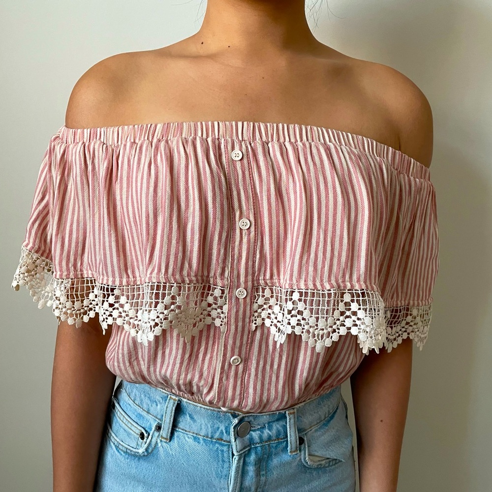 Love, Fire Off-the-shoulder Stripped Crop Top